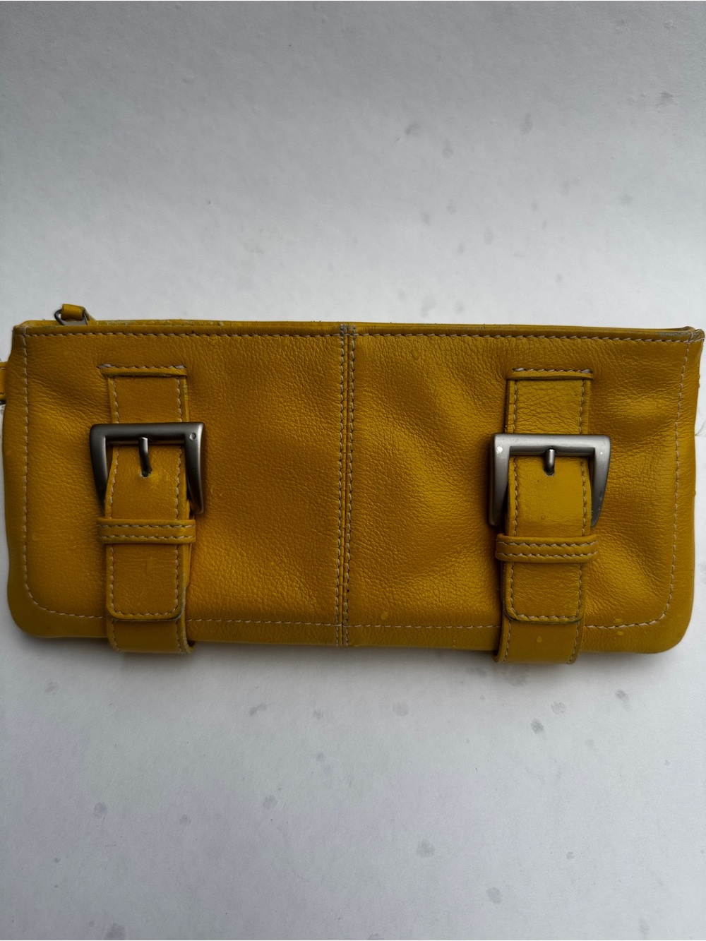 Barneys New York Mustard Yellow Leather Buckle Wristlet Clutch